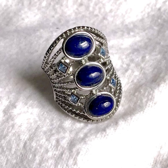 Lapis Lazuli 3 Stone Ring With Blue Austrian Crystal in Stainless Steel - Picture 6 of 6